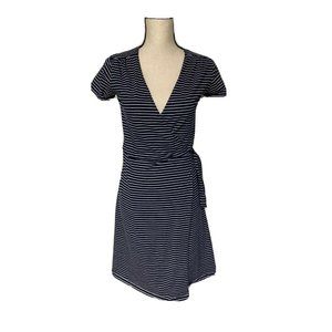 Pact Wrap Dress Organic Cotton Stretch Blue White Striped Short Sleeve Size S
